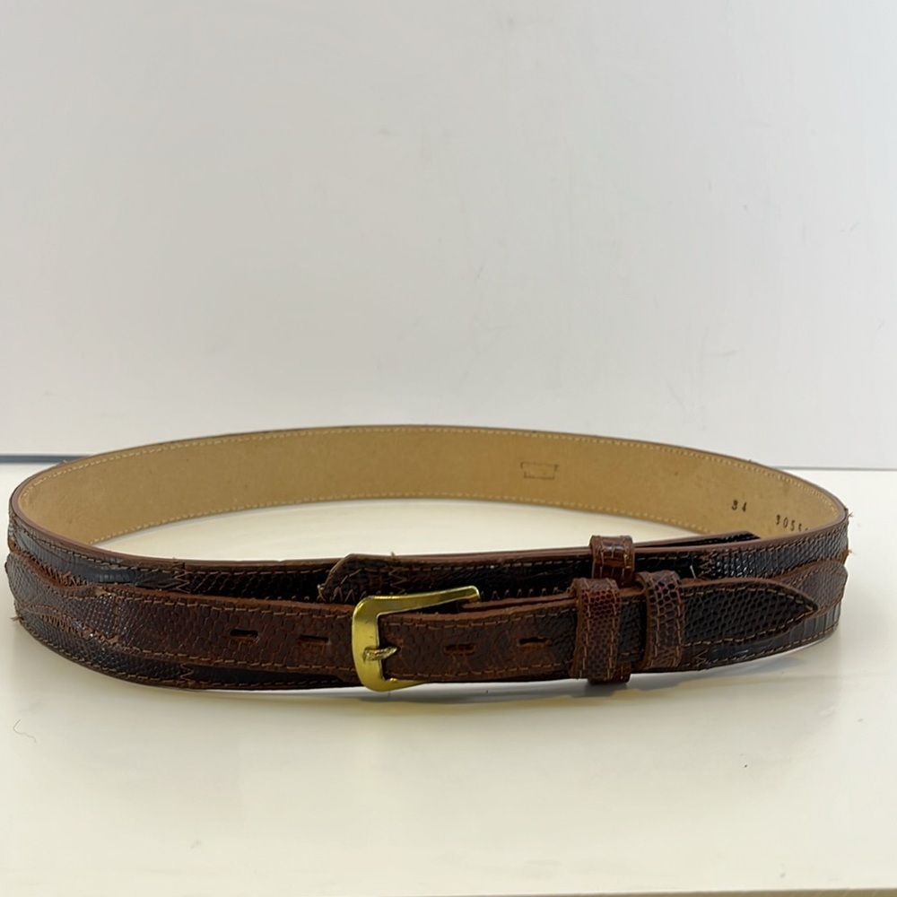 Vintage Tony Lama Genuine Brown Lizard Belt w/ Brass Buckle - Women’s Size 34